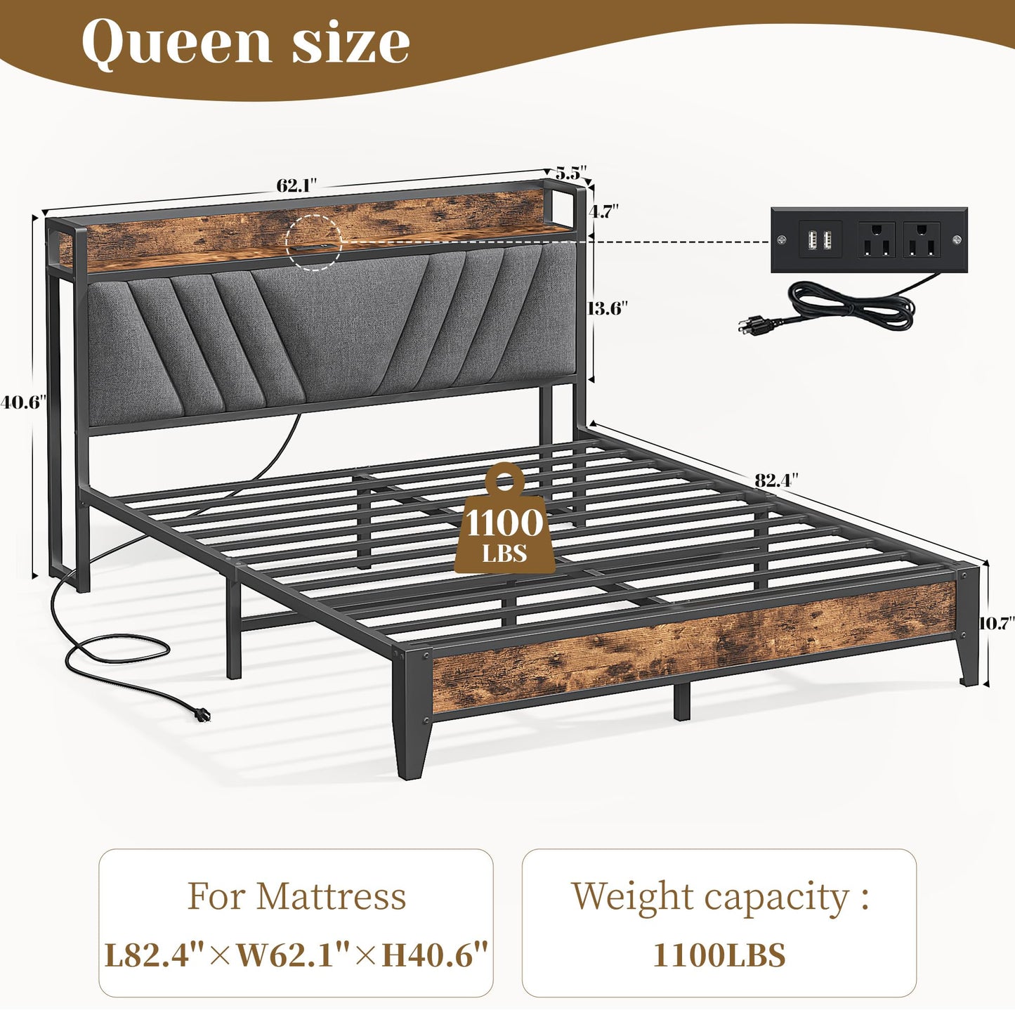 Homkdom Queen Bed Frame with Headboard, Bed Frame Queen Size with Charging Station, Metal Platform with Under Bed Storage, No Box Spring Needed, No Noise, Easy Assembly