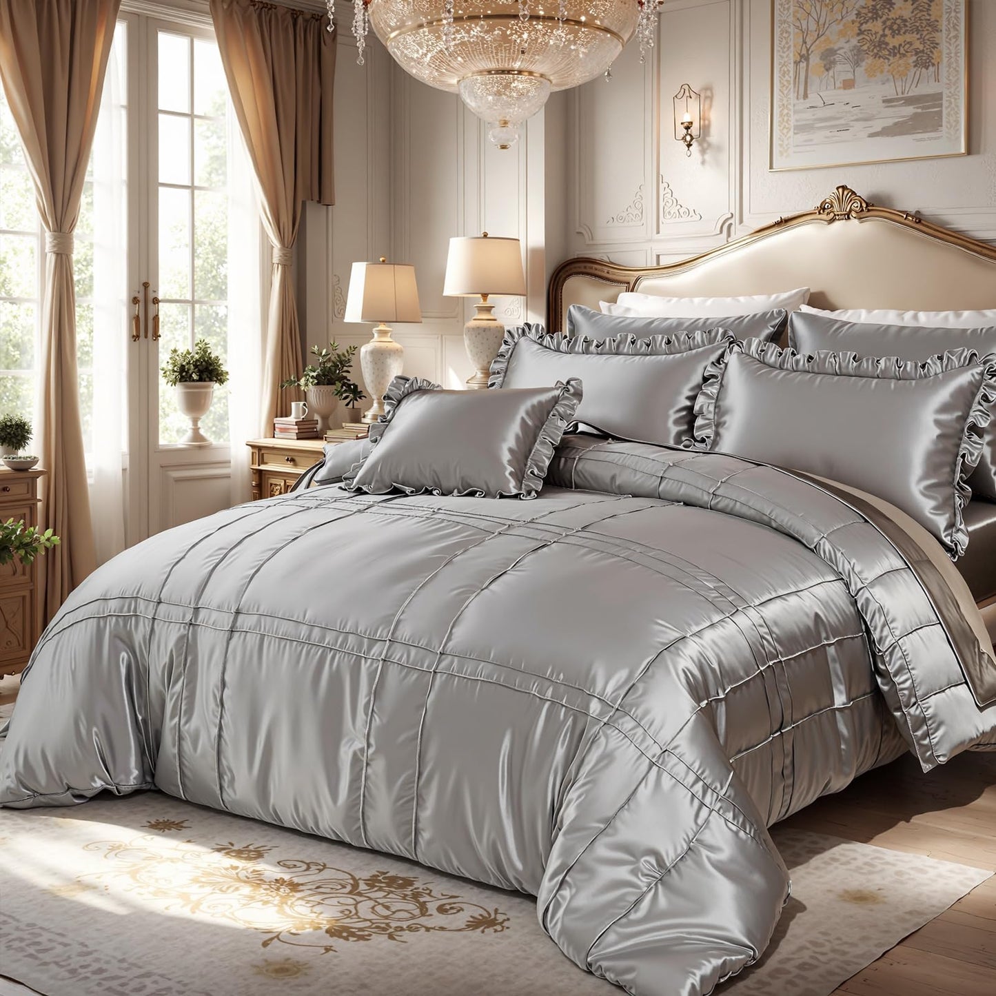 Herside Grey Satin Silky Comforter Set,King Size 8 Pcs Grid Pleated Silk Like Bed in a Bag Bedding Set, Down Alternative Bedding Sets for All Seasons,Luxury Silky Bedding with Sheet and Cushion Cover
