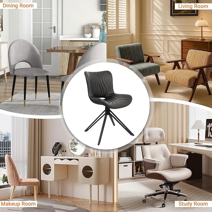 VATROS Dining Chairs Set of 6, 360° Swivel Upholstered Mid-Century Modern Kitchen Dining Room Chairs, Armless Faux Leather Accent Side Chair with Padded Back, Metal Legs for Living Room,Black
