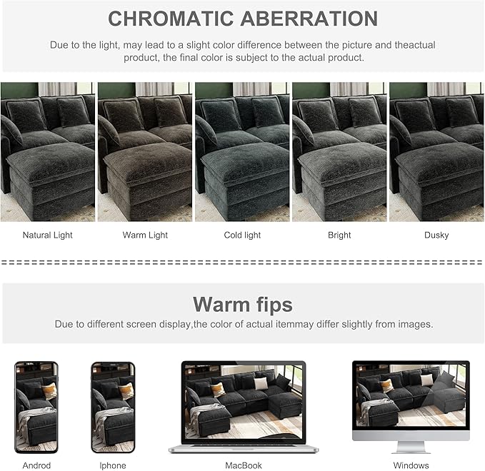 107" Cloud Couch Sectional, U Shaped Modular Sectional Sofa, 4-Seat Deep Seat Couch with 6 Removable Washable Pillows and 2 Ottoman for Living Room, Bedroom, Apartment, Black Grey
