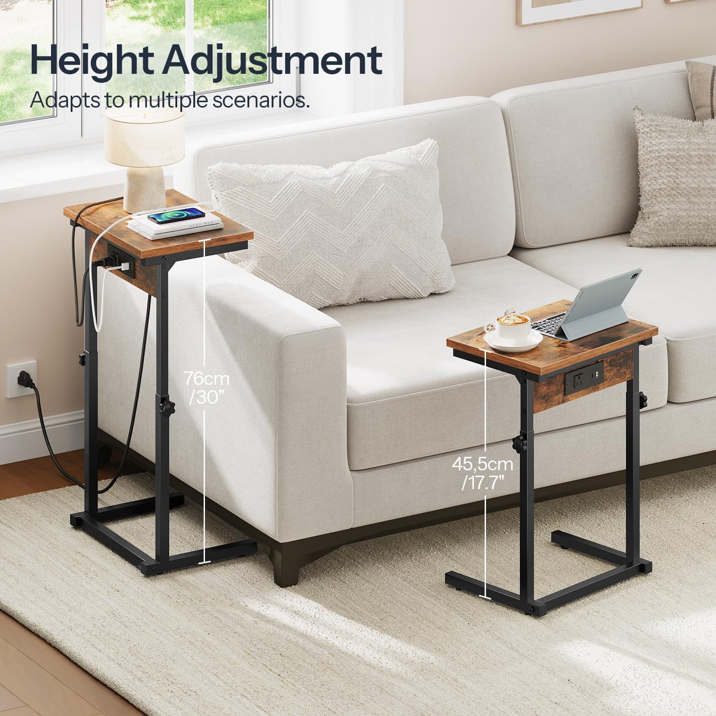 HOOBRO C-Shaped Side Table with Charging Station, Adjustable Height Sofa Arm Table, Slide Under Couch Table for Small Space in Living Room, Bedroom, Rustic Brown BF71USF01