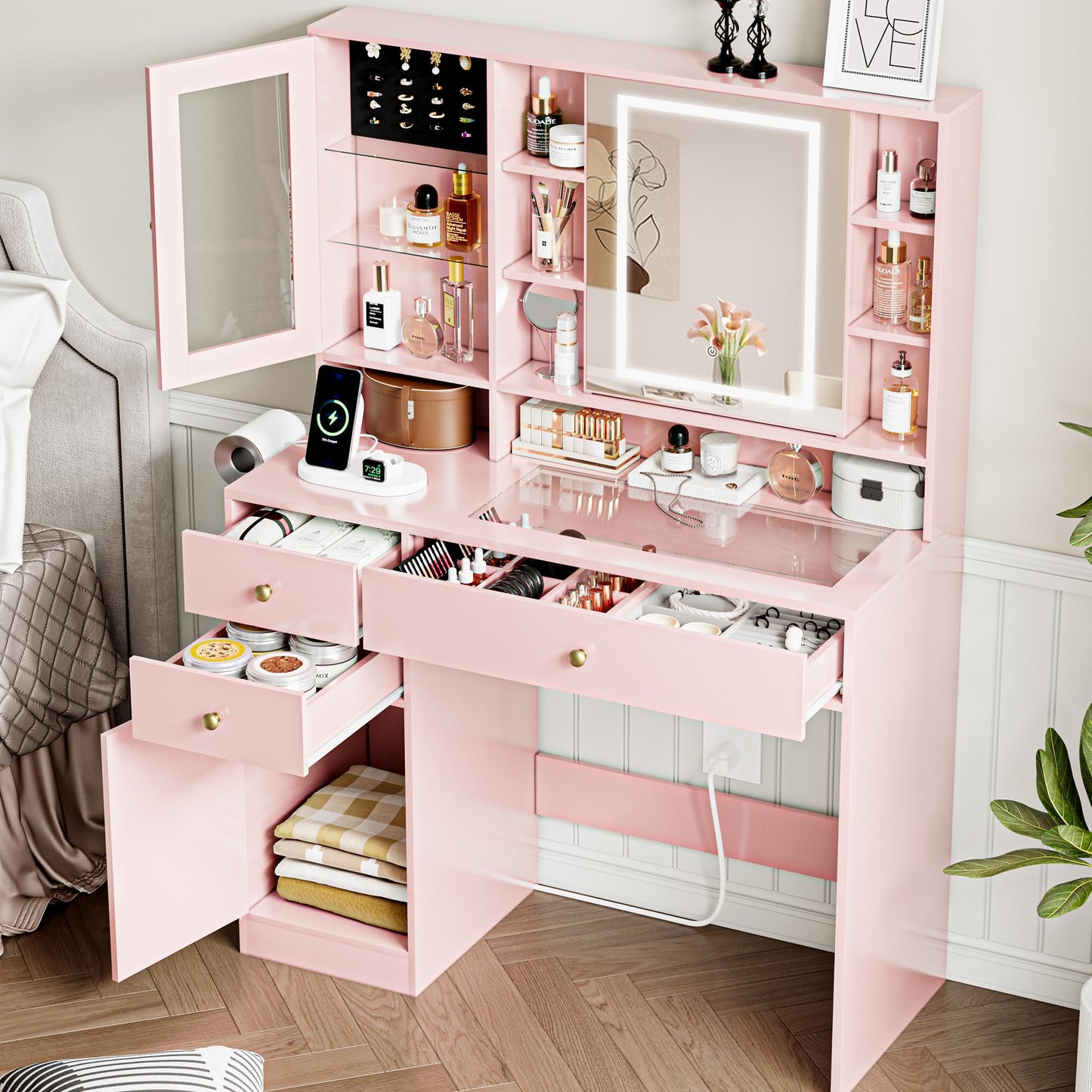 yesasin Vanity Desk with Mirror and Lights Makeup Vanity Desk with Lights 3 Colors 38" Dressing Table with Drawer and Cabinet for Bedroom Transparent Glass Top Power Outlet for Bedroom Pink