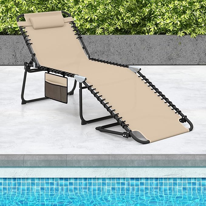 GYMAX Lounge Chair for Outside, 440lbs 27” Oversize Folding Beach Tanning Sunbath Chair with Adjustable Backrest & Removable Pillow, Lightweight Portable Patio Lounger for Lawn Poolside (Sand,2)