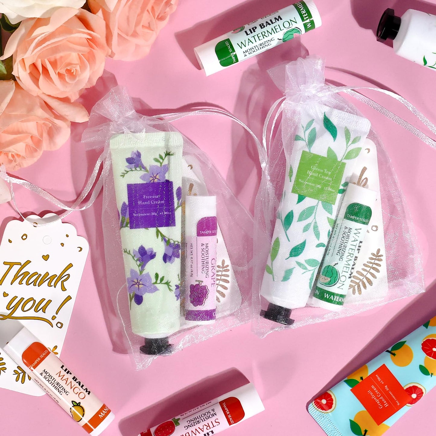 AZEN 24 Sets Bulk Gifts, Hand Cream and Lip Balm Bulk Set with Organza Bag Thank You Card, Baby Shower Wedding Gifts for Guests,