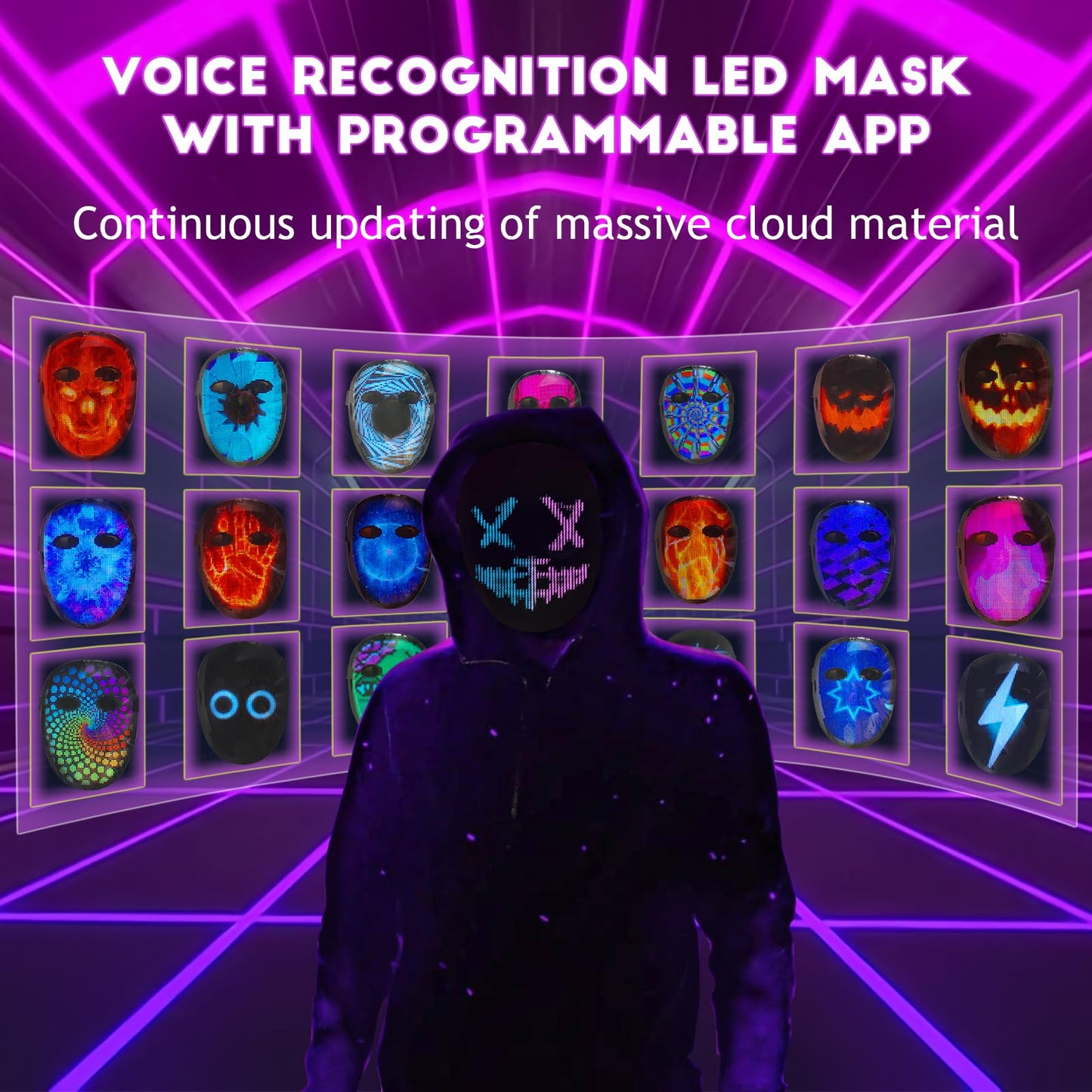 Depointer Life Led Mask with Voice Recognition Gesture Sensing, Light up Mask with Programmable App Multi-Patterns Display, Colorful Shining Mask for Halloween Xmas Costume Party