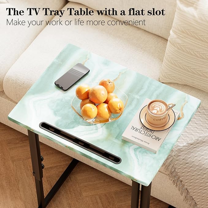 Adjustable Height Tv Tray Table,Portable Folding Tv Tray Dinner Snack Trays Table,Small Foldable C-Shaped End Table for Eating,Slide Under Couch Side with Sturdy MDF Top,No Assembly(Sea Blue+Black)