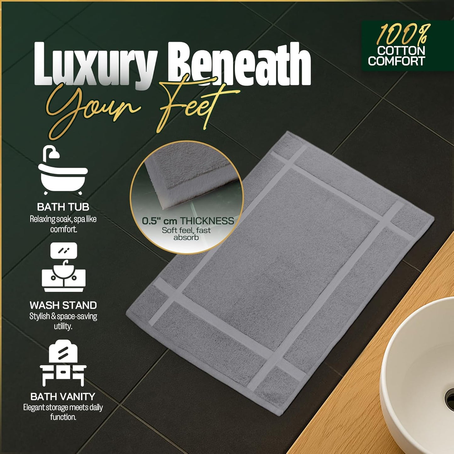 Pearl Linens Pack of 12 Washable Cotton Bath Mat 20x30 - Soft & Absorbent Quick Dry Bathroom Mat Set, Not Bathroom Rugs After Shower Mat, Terry Bath Tub Mat, 687 GSM Light Grey