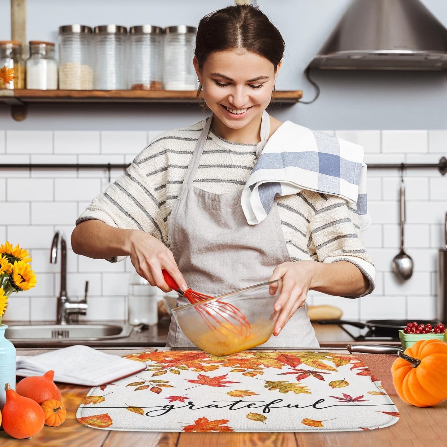 Sanwarm Absorbent Dish Drying Mat, Autumn Fall Leaves Microfiber Pad for Kitchen Counter, Thanksgiving Grateful for Coffee Bar Decor, Heat Resistant and Reversible, 16" x 18"