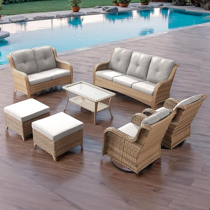 Rilyson Patio Furniture Swivel Chairs Set - 7 PC Wicker Rattan Outdoor Sectional Conversation Sets with 2 Rocking Chair,2 Ottoman,1 Sofa,1 Loveseat and 1 Coffee Table for Porch Deck(Yellow/Beige)
