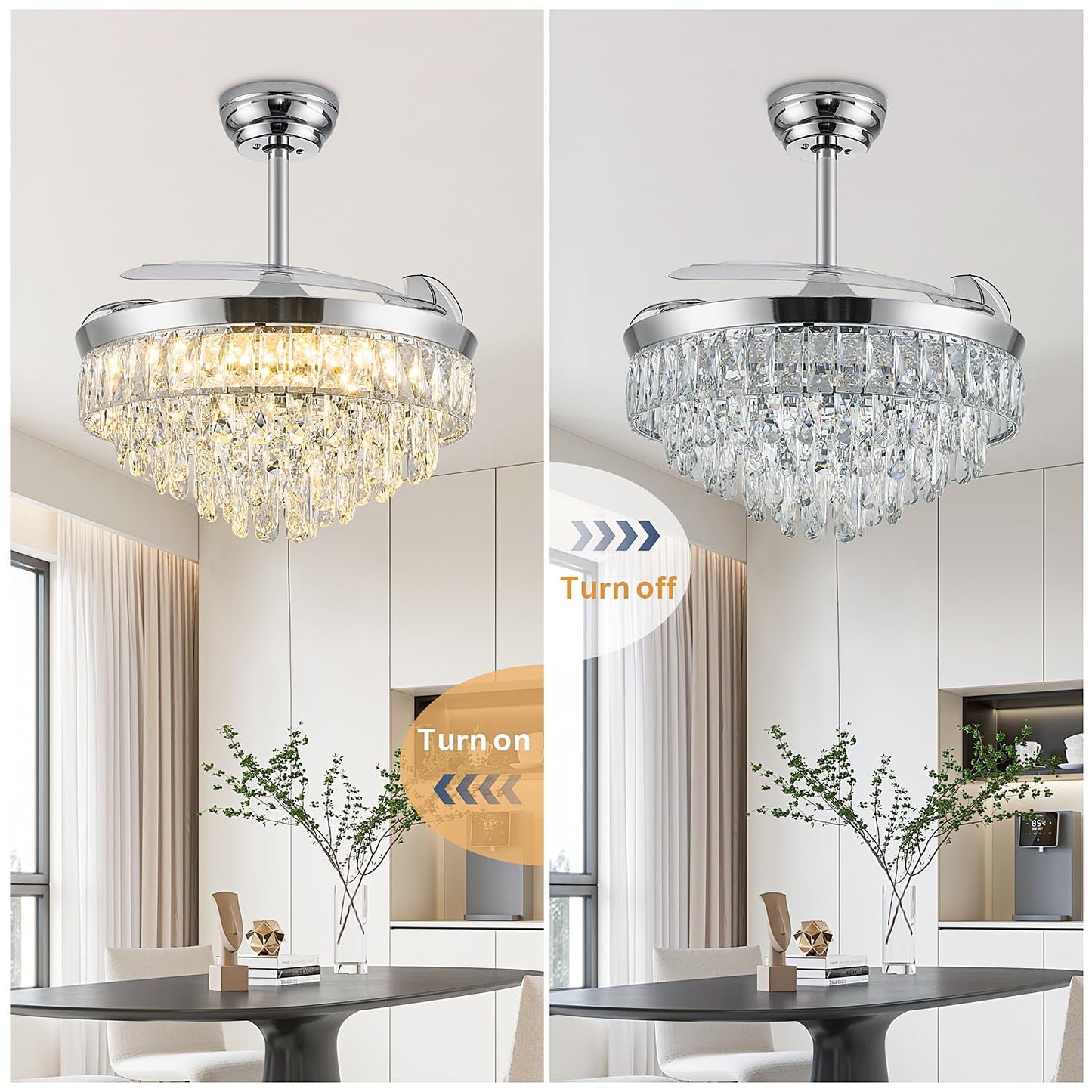 Deliyfans 42'' Chandelier Ceiling Fan with Lights, Retractable Fan with Remote and APP, Crystal Fandelier Ceiling Fan, Dimmable LED, Reversible Motor, Quiet for Bedroom Living Room-Chrome