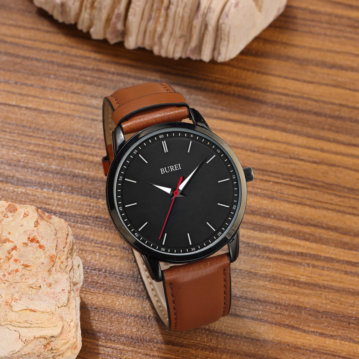 BUREI Mens Fashion Watches Dress Minimalist Wrist Watches for Men Brown Leather Analog Watch Display with Slim Case Design relojes para Hombres