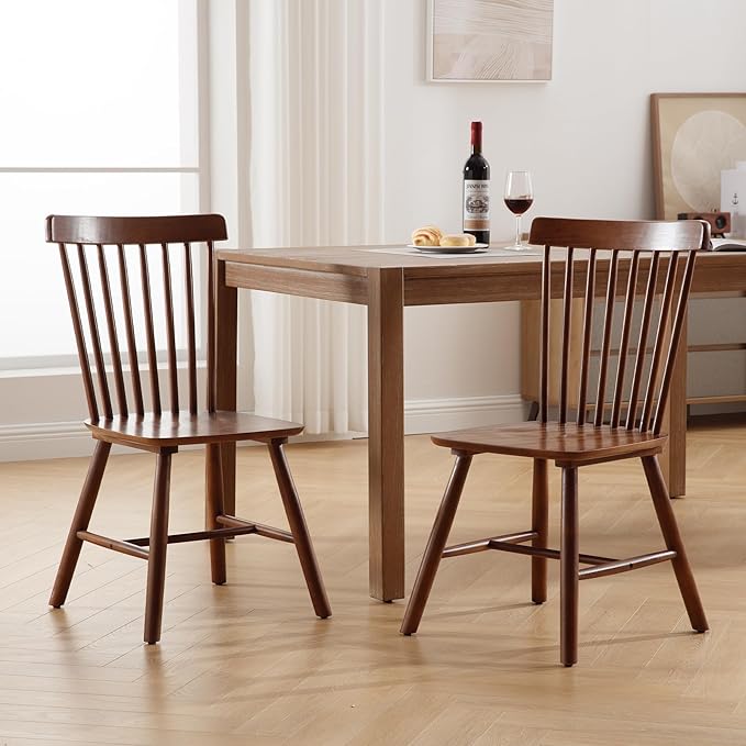LZAREAL Windsor Dining Chairs Farmhouse Dining Chairs Set of 4 Modern Wood Kitchen Chairs Mid Century French Country Spindle Chair for Dinning Room Kitchen Restaurant Bar Canteen Library, Walnut
