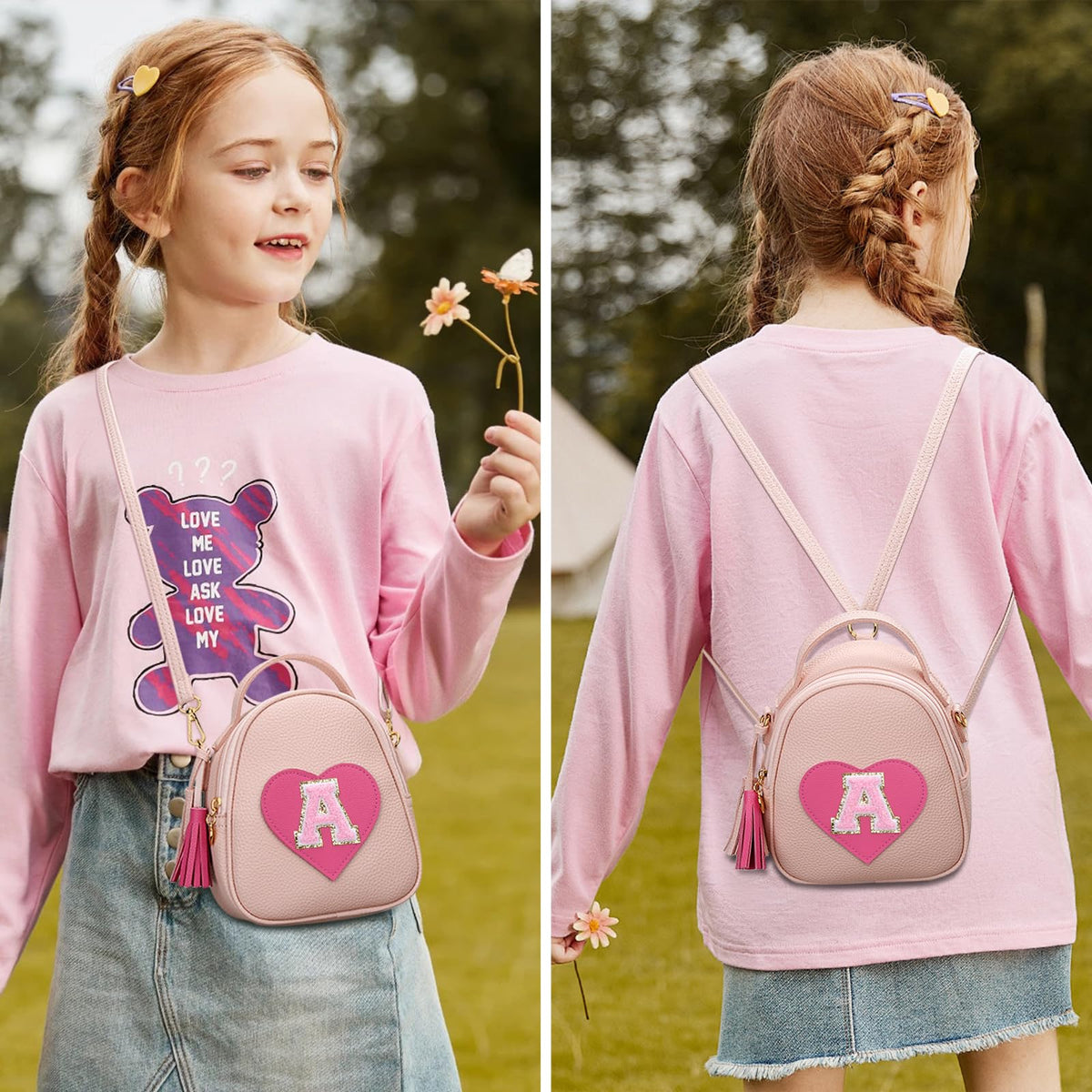 KKXIU Purse Gifts for Girls Cute Little Girl Crossbody Bag Heart Kids Small Backpack with Tassel (A)
