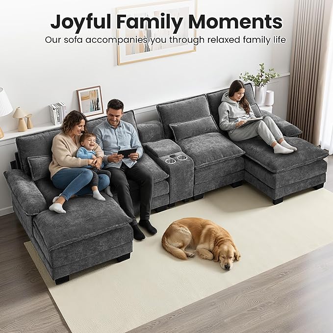 125" U Shaped Cloud Modular Sectional Couch for Living Room, Small Comfy Chenille Sofa with Double Chaise Lounge, Storage Central Console, Cup Holders, USB Port,Grey
