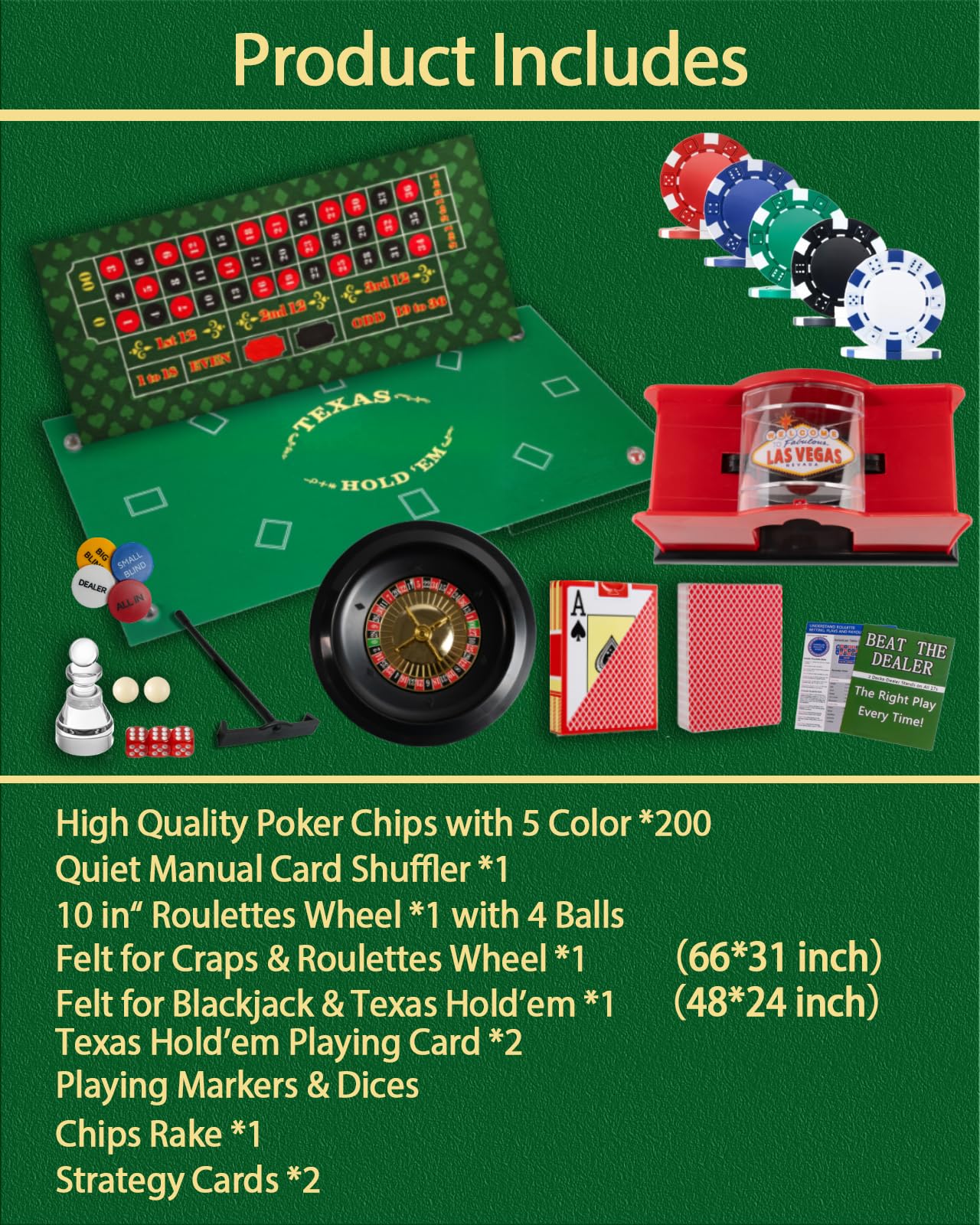 NYUUNYCOOR 5 in 1 Casino Game Complete Set: 250 Pro Poker Chips+Silent Card Shuffler, Blackjack+Roulette Wheel+Craps+Texas Holdem+Poker Kit,Table Game Mat+Playing Card+Dice+Casino Accessory