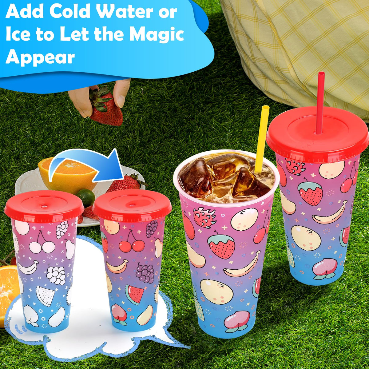 Ftabernam Color Changing Cups, 5-Pack 24 oz Plastic Cups with Lids and Straws, Reusable iced coffee cup for Women, Adults, Kids Party, Cute Cup for Ice Drink