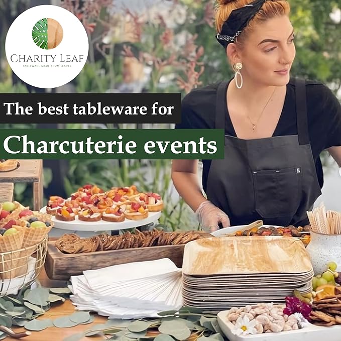 Charity Leaf Disposable Palm Leaf 9" Square Plates (50 pieces) Bamboo Like Serving Platters, Disposable Boards, Eco-Friendly Dinnerware For Weddings, Catering, Events