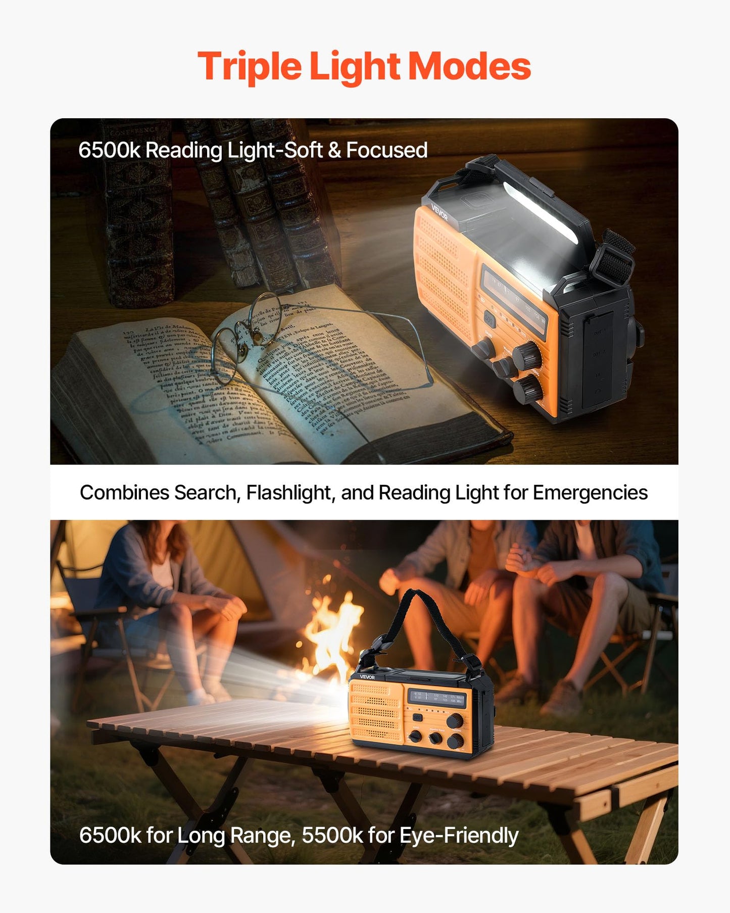 Vevor Emergency Weather Radio, 8000Mah Battery, Fm/Am/Wb/Noaa Alert Solar Hand Crank Emergency Radio, Type-C Charging, Usb Cable