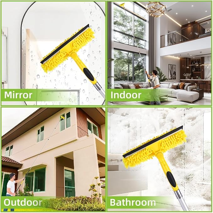 225'' Long Reach Window Squeegee with Telescoping Extension Pole, 2-in-1 Indoor/Outdoor Cleaning Tool with 270° Rotatable Head, Lightweight Alloy Aluminum Pole for Shower Door, Mirror, Car Windshield