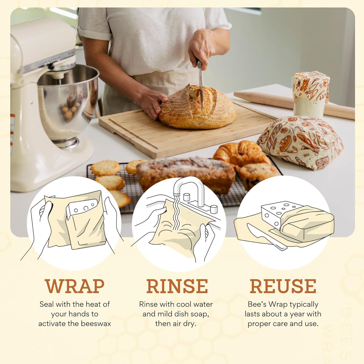 Bee's Wrap Beeswax Wraps for Food - Cut to Size 14x52" Wax Paper Roll - Made in USA Reusable Waxed Paper & Bowl Covers - Organic & Eco-Friendly Alternative to Aluminum Foil & Plastic Wrap, Bakery Lane