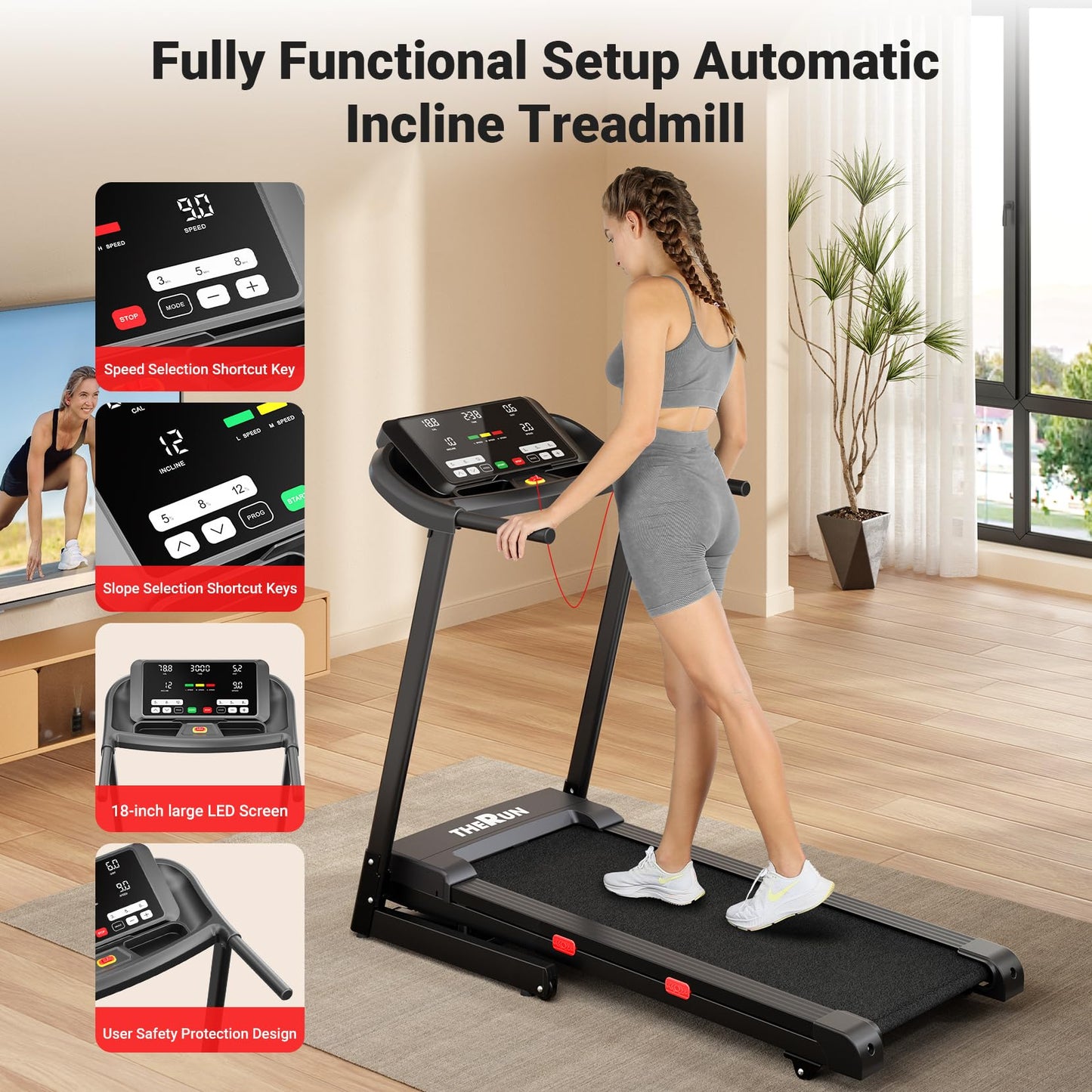 THERUN Incline Treadmill, 0-12% Auto Incline Treadmill for Running and Walking, 300 lbs Weight Capacity, Wide Belt,3.0HP,18" LED Screen, 2 Layers Shock-Absorbing Red