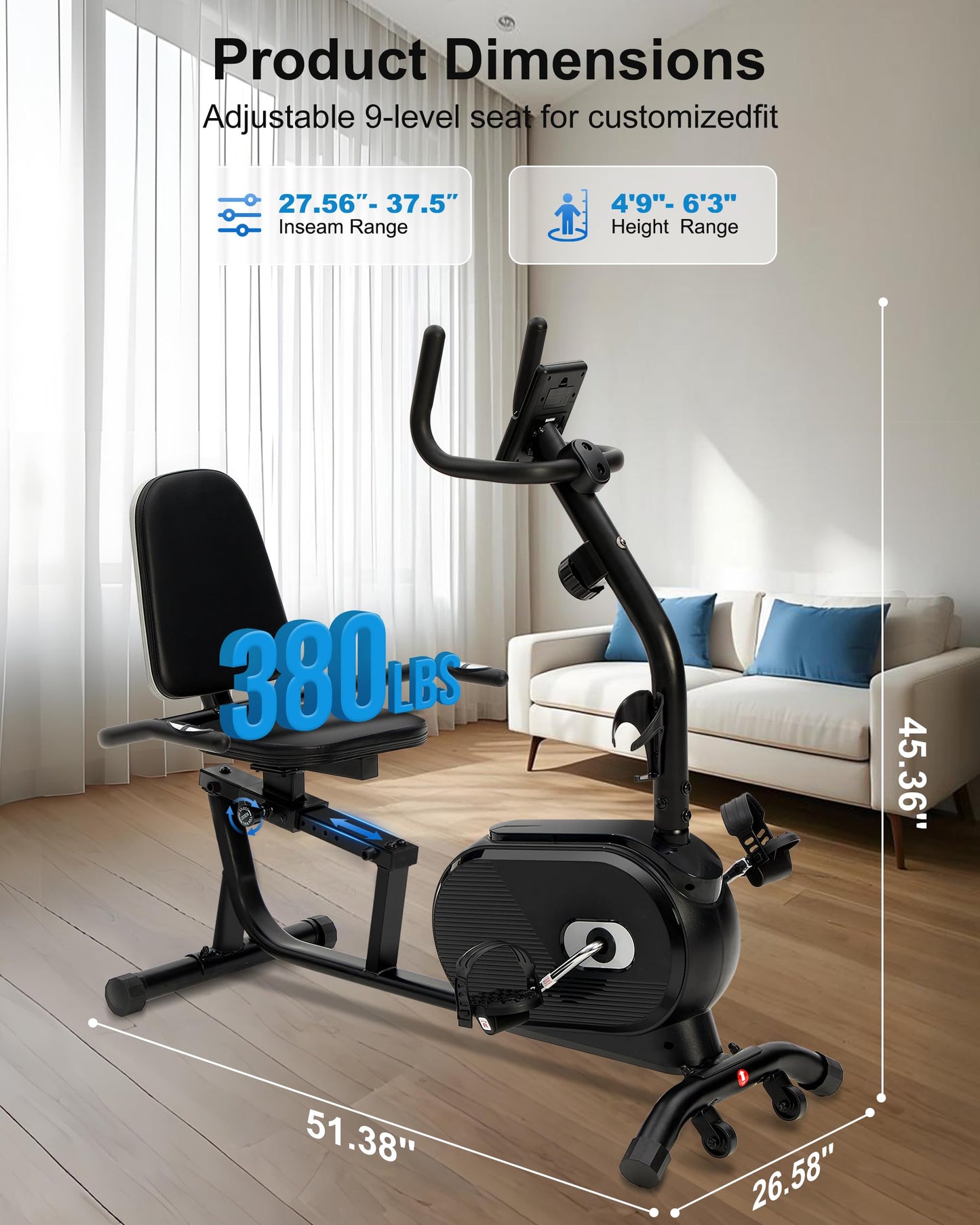 ECHANFIT Recumbent Exercise Bike for Home - 380LBS Weight Capacity, Exercise Bike with Smart Workout APP, 16-Level Magnetic Resistance, LCD Display, Comfortable Seat