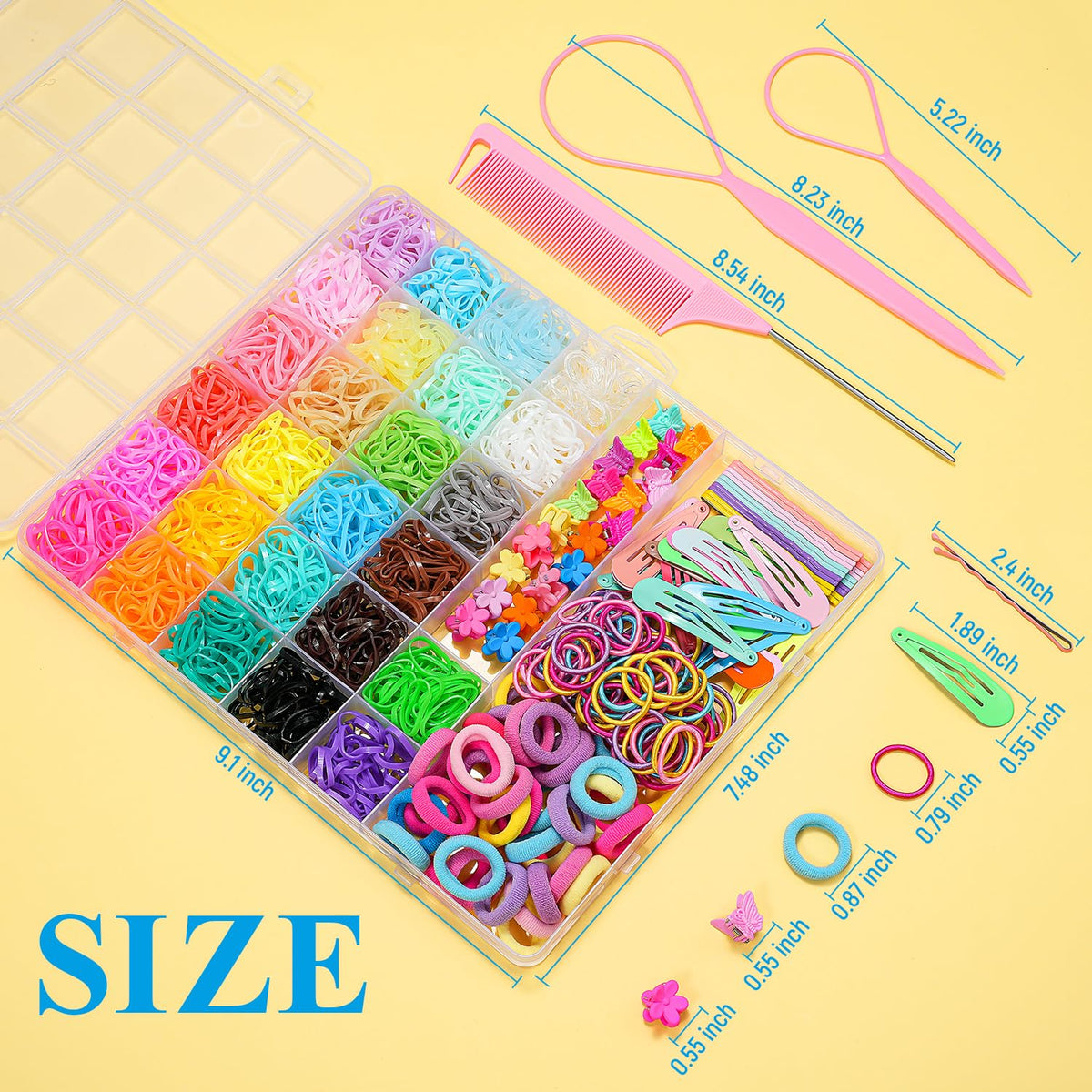 TsMADDTs Elastic Hair Ties, Colorful Hair Accessories for Baby Toddlers Kids Girls, 26 Colors Small Rubber Bands Set with Ties and Clips, Styling Tools