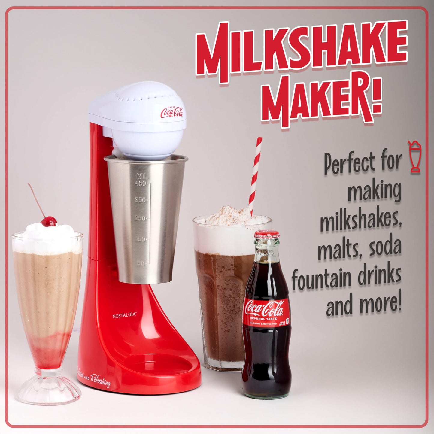 Nostalgia Two-Speed Electric Coca-Cola Limited Edition Milkshake Maker and Drink Mixer, Includes 16-Ounce Stainless Steel Mixing Cup and Rod, Red