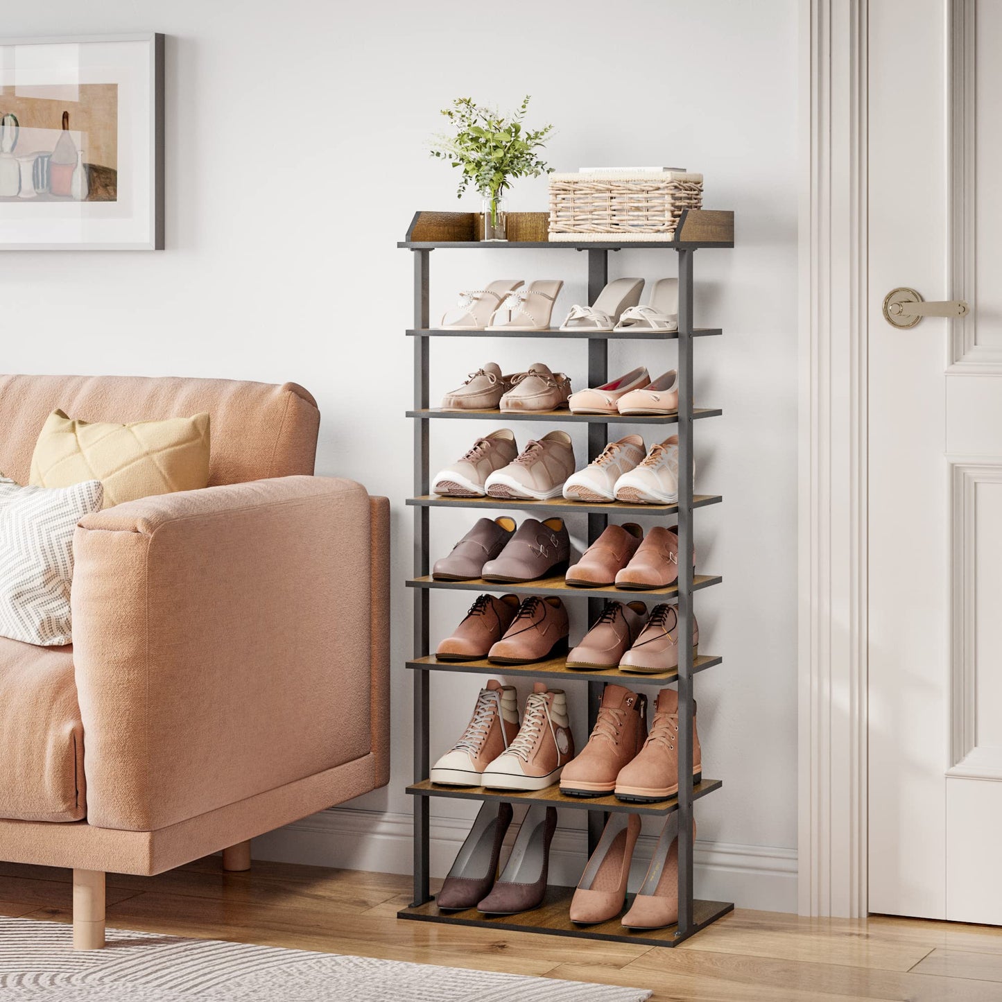 Mondeer Free Standing Shoe Rack, 8 Tier Narrow Tall Organizer Shelf for 8 Pairs in Small Space Entryway Hallway, Industrial Style Wooden Metal (Rustic Brown) (11" D x 18.5" W x 44.5" H)