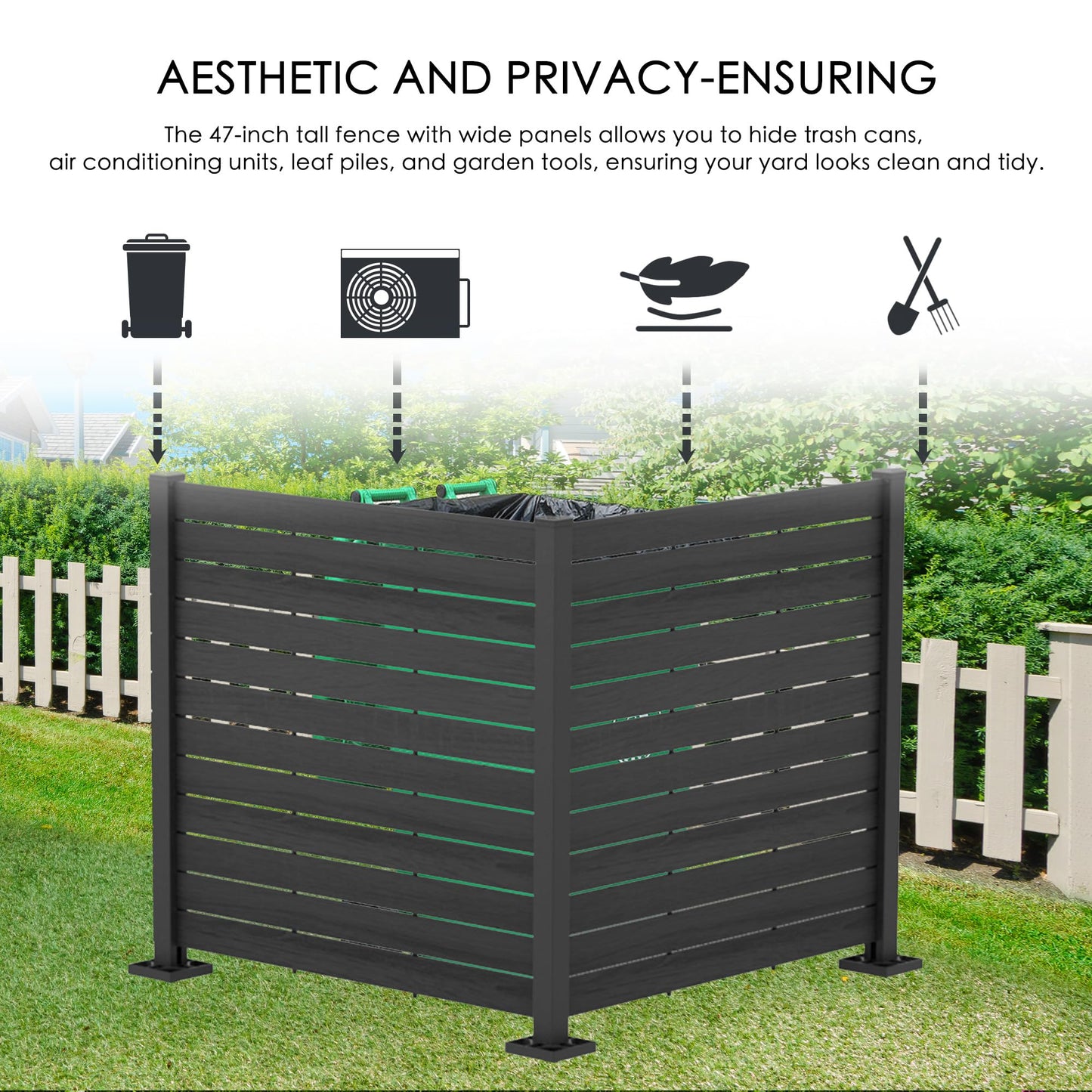 Kozyard 50" W x 48" H Outdoor Privacy Screens Aluminum Post, Air Conditioner Fence Panels, Pool Equipment Enclosure, Trash Can Screens Fence Kit for Outside Backyard Patio (Black/ 2 Panels)