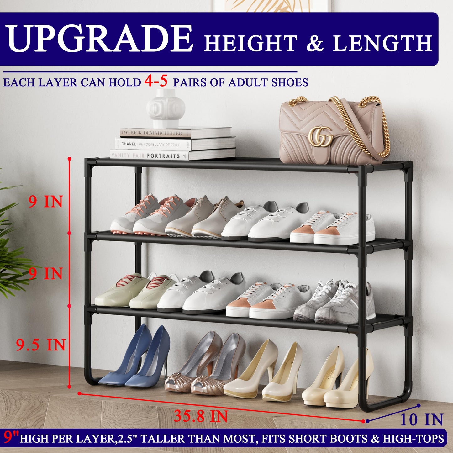 COAPUKT Long Shoe Rack, 3-Tier Stackable Shoe Organizer for Closet, Entryway, Hallway, Extra Bottom Layer, Holds 16-20 Pairs, Sturdy & Durable Waterproof Fabric Shelf, Space-Saving,Black
