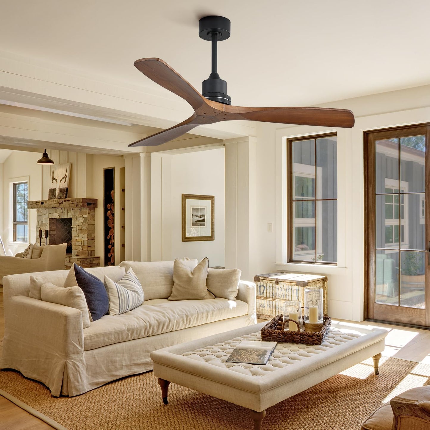 Sofucor Ceiling Fan no Lights, 52 Inch Low Profile Flush Mount Ceiling Fans with Remote, Modern Wood Ceiling Fan for Bedroom Indoor Outdoor, 6-Speed Reversible DC Motor Dimmable Timer