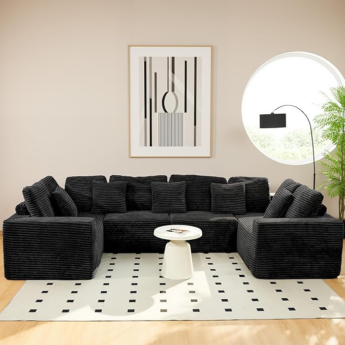 SEENYOO 135.5" Cloud Sectional Couch,Boneless Corduroy Sofa for Living Room,Oversized U Shaped Sofa with Chaise,Deep Seat,No Assembly Required,Modular Sectional Couches(Black)