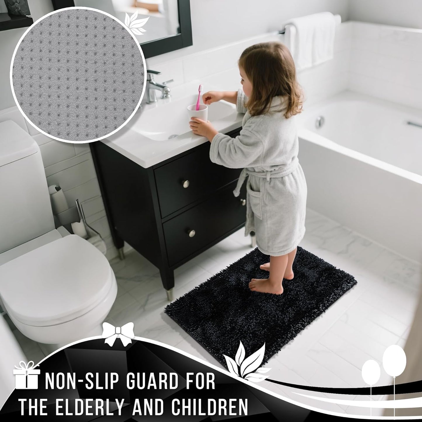 Yimobra Long Bathroom Rug Non Slip 44x24 Inch, Extra Thick Soft Absorbent Chenille Bath Mat, Machine Washable Quick Dry Bath Rugs for Bathroom Floor, Tub and Shower, Home Decor Accessories, Black
