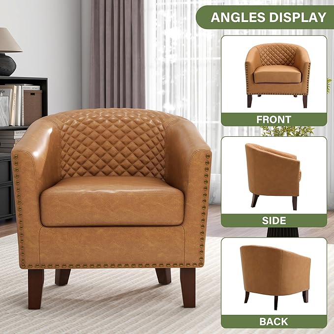 UIXE Faux Leather Barrel Accent Chairs Set of 4, Upholstered Armchair Club Chair for Living Room, Comfy Round Single Sofa Bedroom Side Reading Seat - Coffee Brown