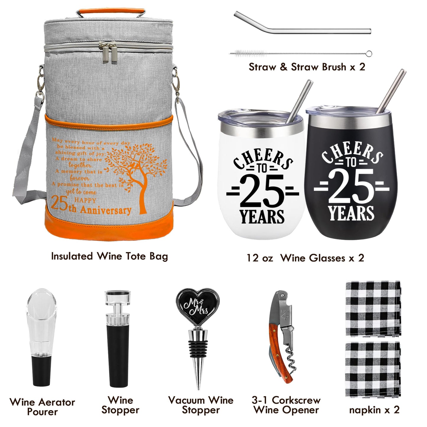 Dolficy 25th Anniversary Wine Cooler Bag Gift for Couples, Wedding Gifts for Parents, Friend, Her, Him, 25 Years Mr. & Mrs Insulated Cooler Tote, Tumbler and Accessories