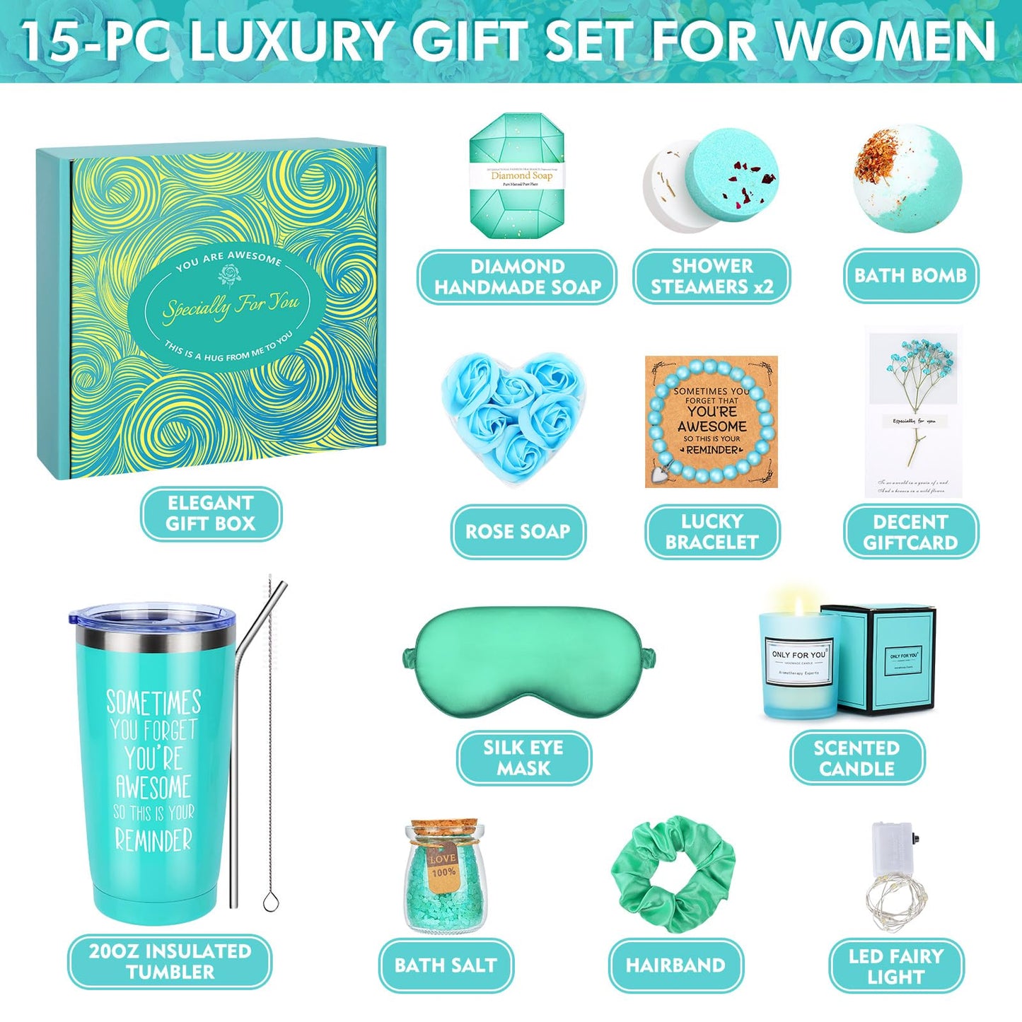 Birthday Gifts for Women, 15PCS Self Care Package Get Well Soon Gifts, Ocean Relaxing Self Care Gifts Basket, Unique Gift idea for Her, Mom, Sister, Wife, Best Friend, Mother's Day, w/ Tumbler