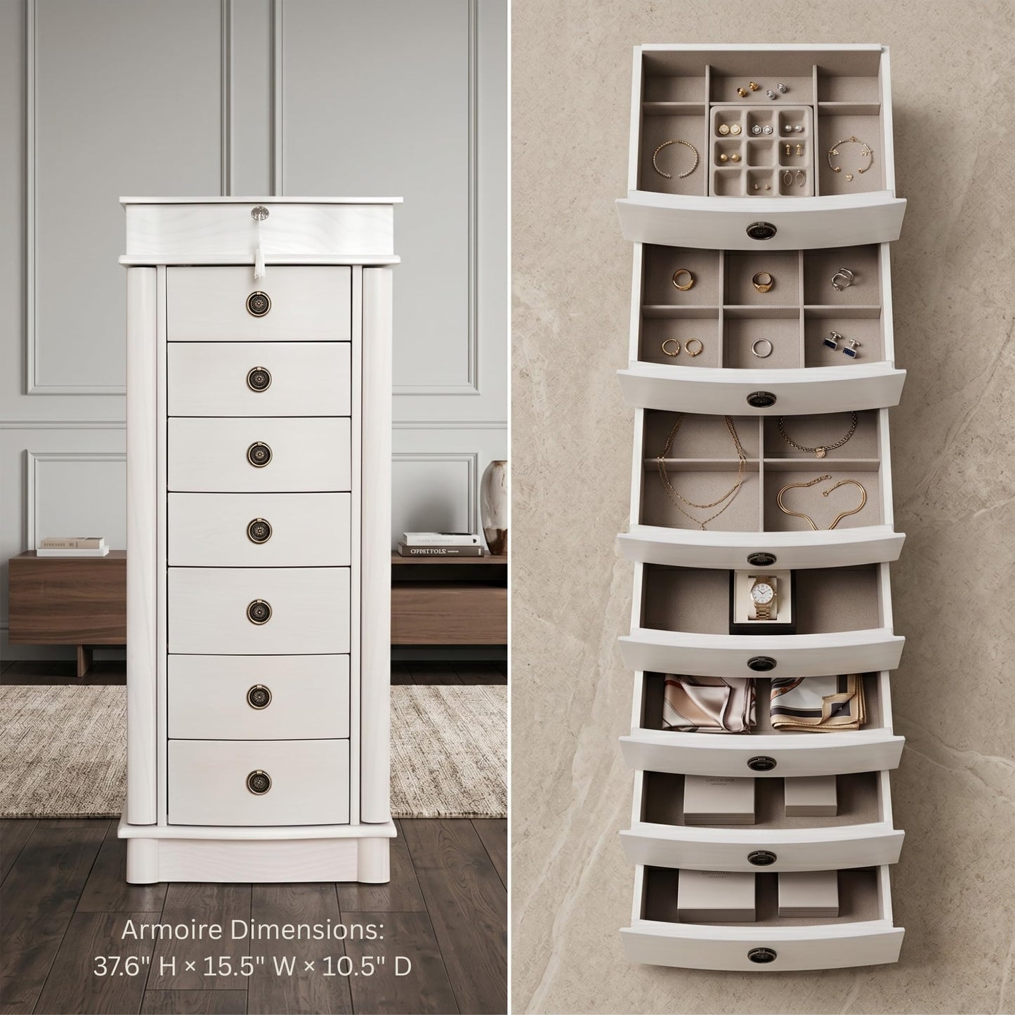 Hives and Honey Noelle Standing Jewelry Armoire, Locking Organizer with Mirror, 7 Drawers, Side Doors, Necklace Hooks, Ring Rolls, Jewelry Box for Earrings, Bracelets, and More, White