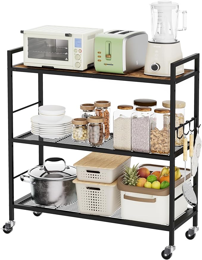 XIVIRACK 3-Tier Metal Storage Rack with Industrial Wheels,Mesh Shelving Unit with Wooden Table top,Adjustable Shelf,31.5-Inch Width, for Kitchen, Laundry,Pantry,Plant,Black