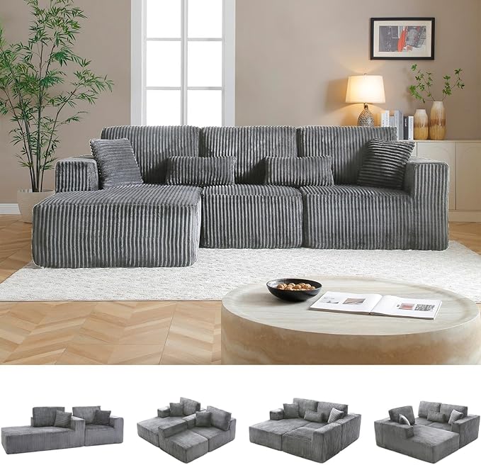 Vanress 110" Cloud Couch Sectional, Corduroy Boneless Couch with L-Shape Chaise,Modern Modular Sectional Sofa Comfy Deep Seat for Living Room, Bedroom, No Assembly (Dark Grey, Left Facing Chaise)
