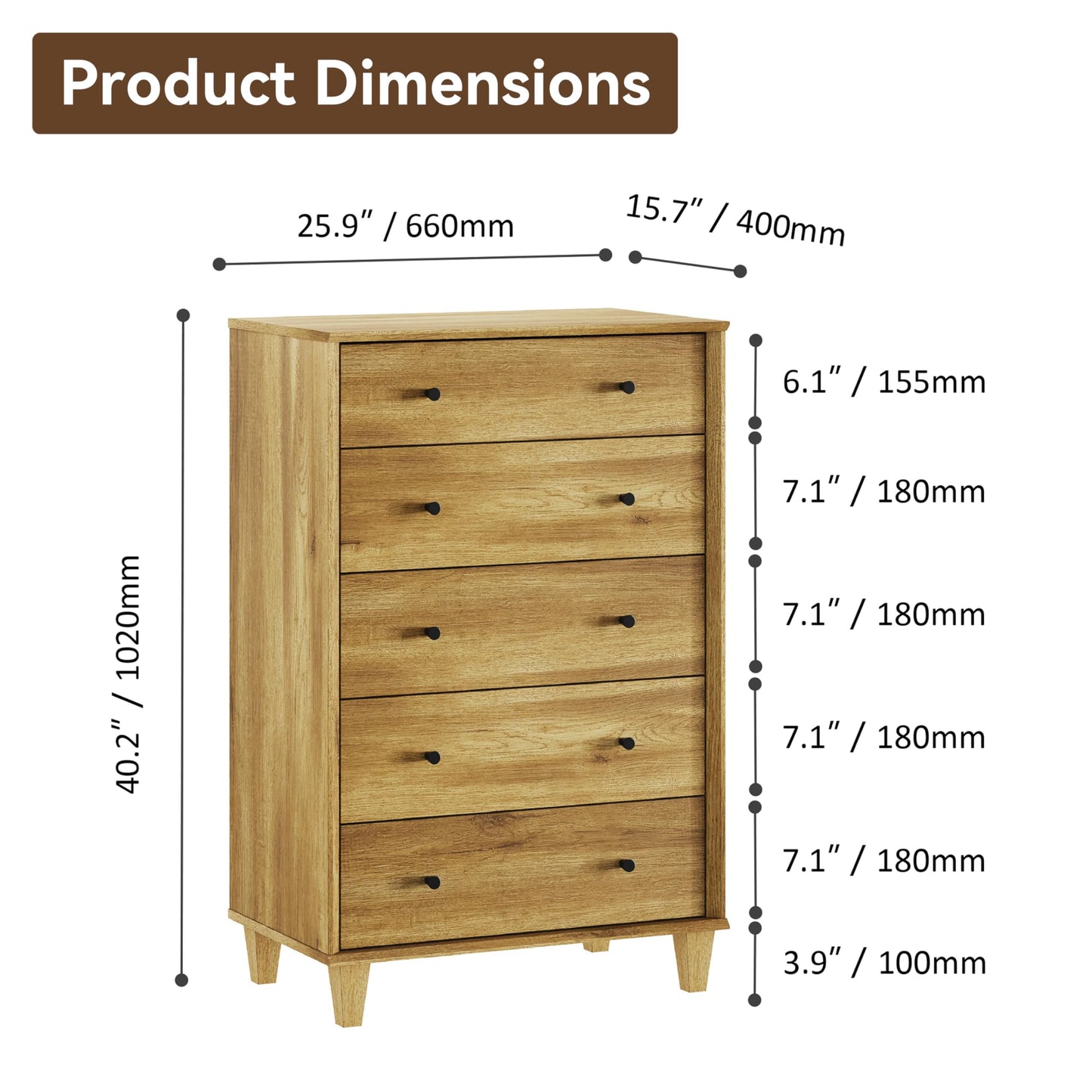 FENSULN 5 Drawer Dresser for Bedroom, Tall Modern Chest of Drawers, Beveled Profile Design, Wood Drawer Organizer for Bedroom, Living Room, Hallway and Entryway,Oak