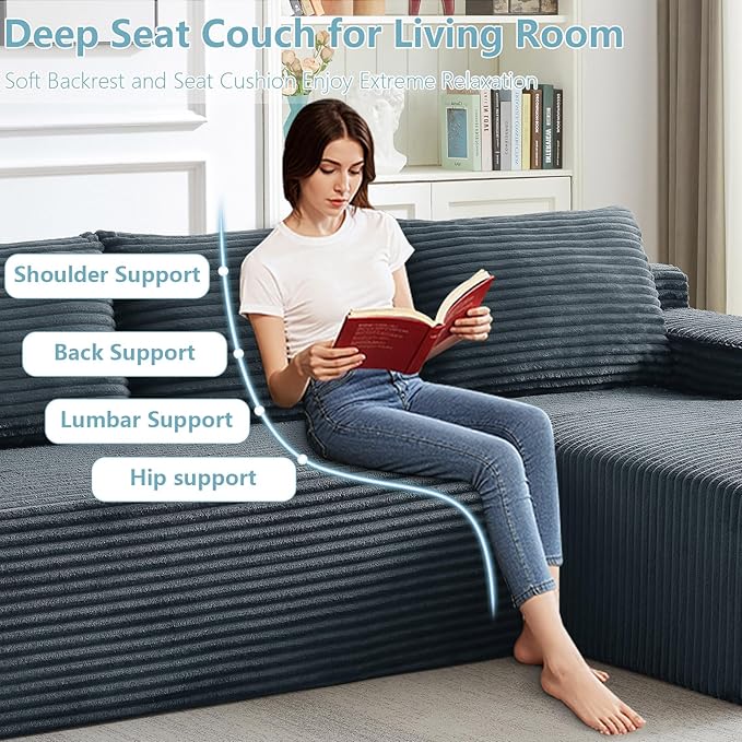 96" Cloud Sectional Couch with L-Shape Chaise, Modern Corduroy Boneless Couch for Living Room,Memory Foam Sofa with Deep Seat,No Assembly Required (Dark Gray,Right-Facing Chaise)