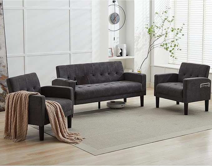 TYBOATLE Sofa Couch, Living Room Furniture Sectional Sofa Sets of 3 Pcs, Tufted Mid-Century Loveseat w/USB, Cupholders & Comfy Single Sofa for Small Space, Apartment, Office (Dark Grey)