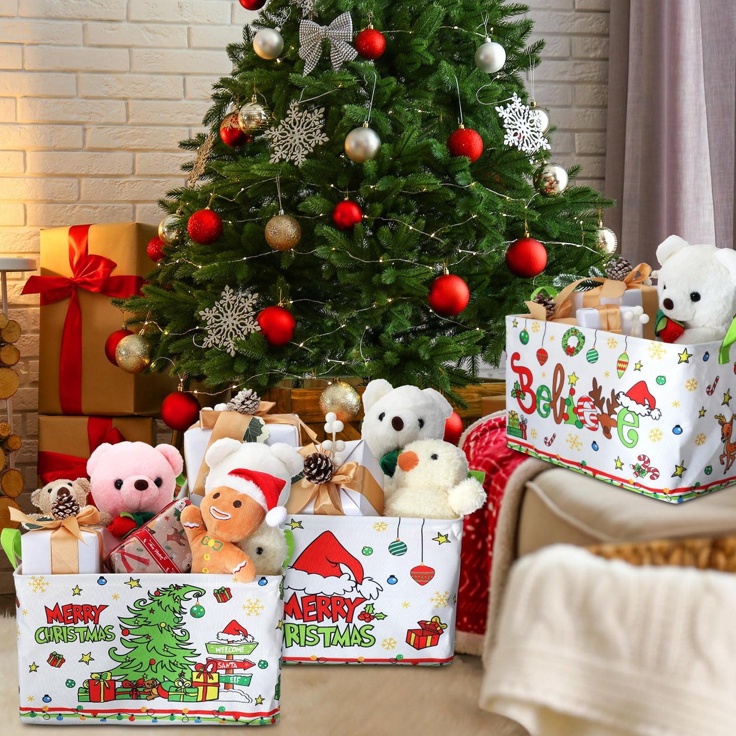 Beeveer 3 Pcs Foldable Christmas Storage Bins with Handle Green Tree Shelf Baskets Fabric Xmas Tree Storage Cube Box for Home Bedroom Office Organizing Closet Gift Baskets