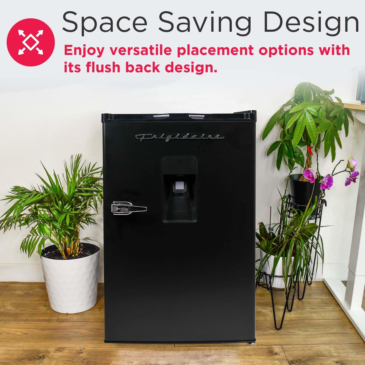 Frigidaire EFR494-BLACK Retro Compact Mini Fridge with Freezer Compartment, Chrome Handles, 4.4 Cu Ft, Built-in Water Dispenser, Black