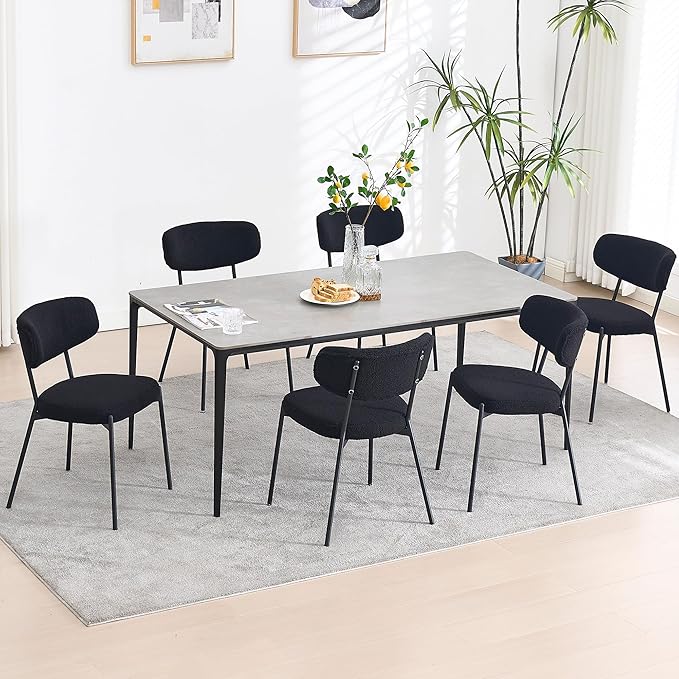 KCC Boucle Dining Chairs Set of 6, Modern Mid-Century Upholstered Stylish Kitchen Chairs Sherpa Accent Diner Chairs with Metal Legs and Curved Back for Kitchen, Dining Room(Black)