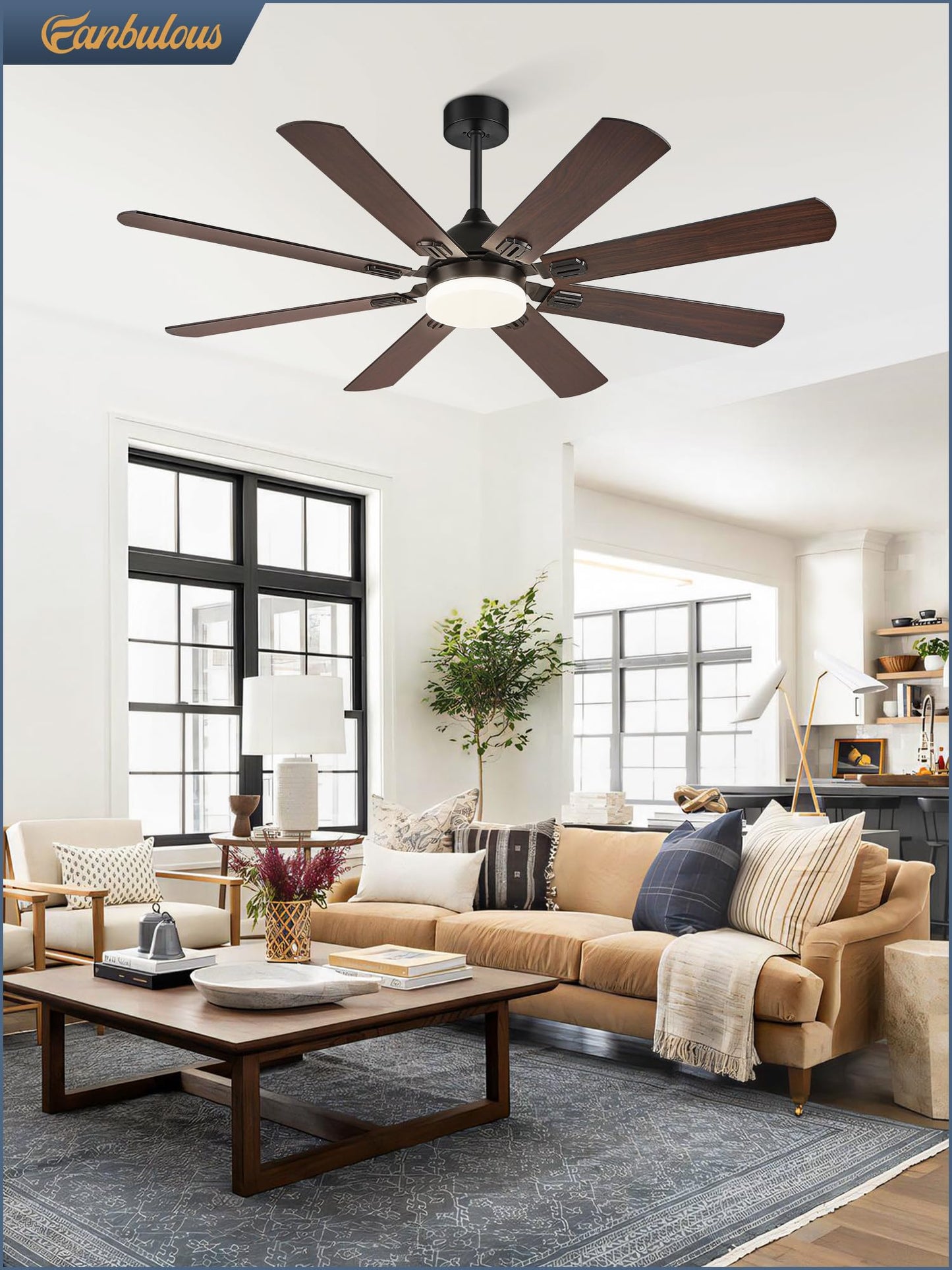 Fanbulous 62 Inch Ceiling Fans with Lights, Black Modern Ceiling Fan with Remote,Large Farmhouse Indoor & Outdoor Ceiling Fan with 8 Dual Finish Blades, Quiet DC Motor, Bright LED Light