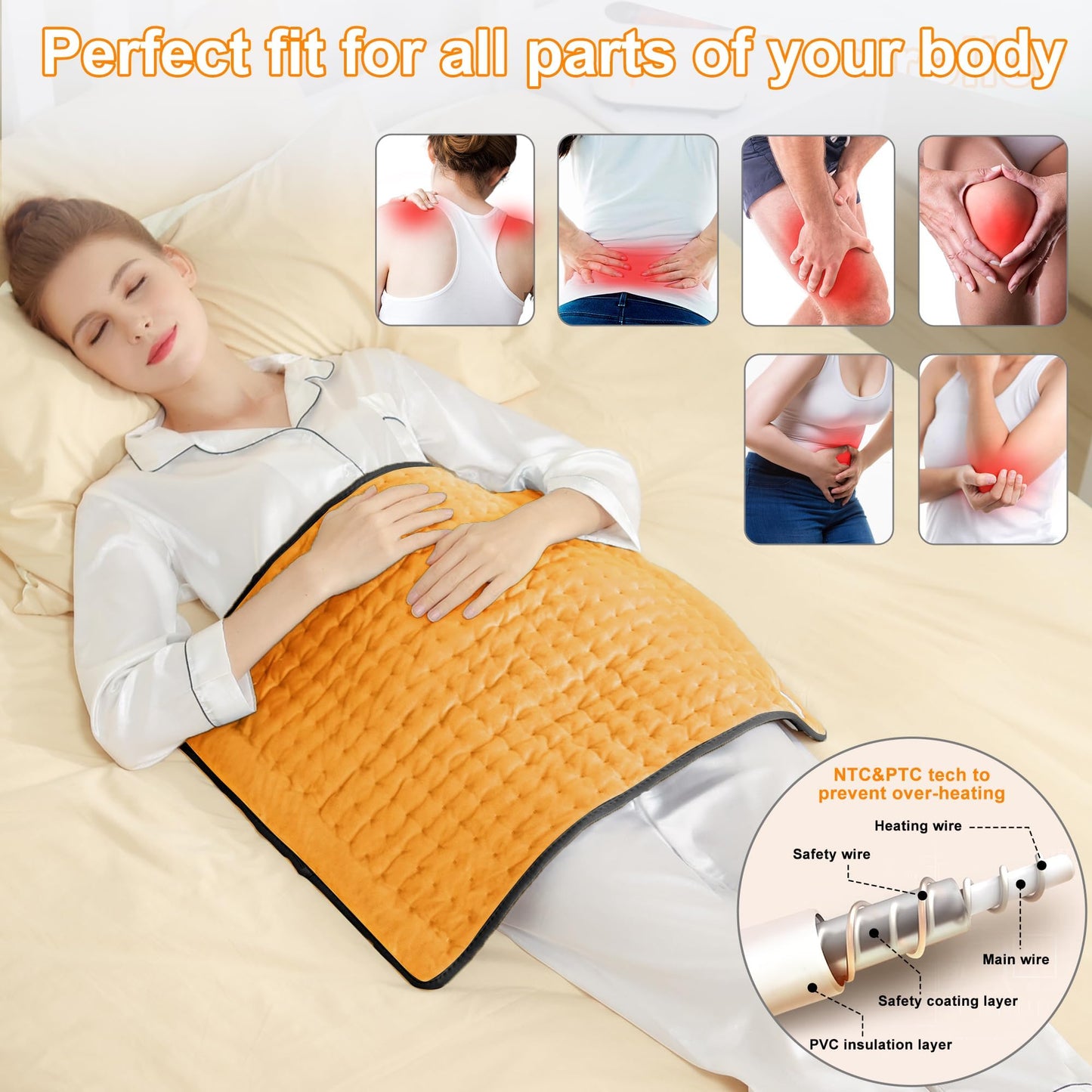 Deepsoon Heating Pad,Electric Heating Pads for Back,Neck,Abdomen,Moist Heating Pad for Shoulder,Knee,Arms,Legs,Dry/Moist Heat & Auto Shut Off,Christmas Gifts for Men and Women,Orange Black,24x20 Inch