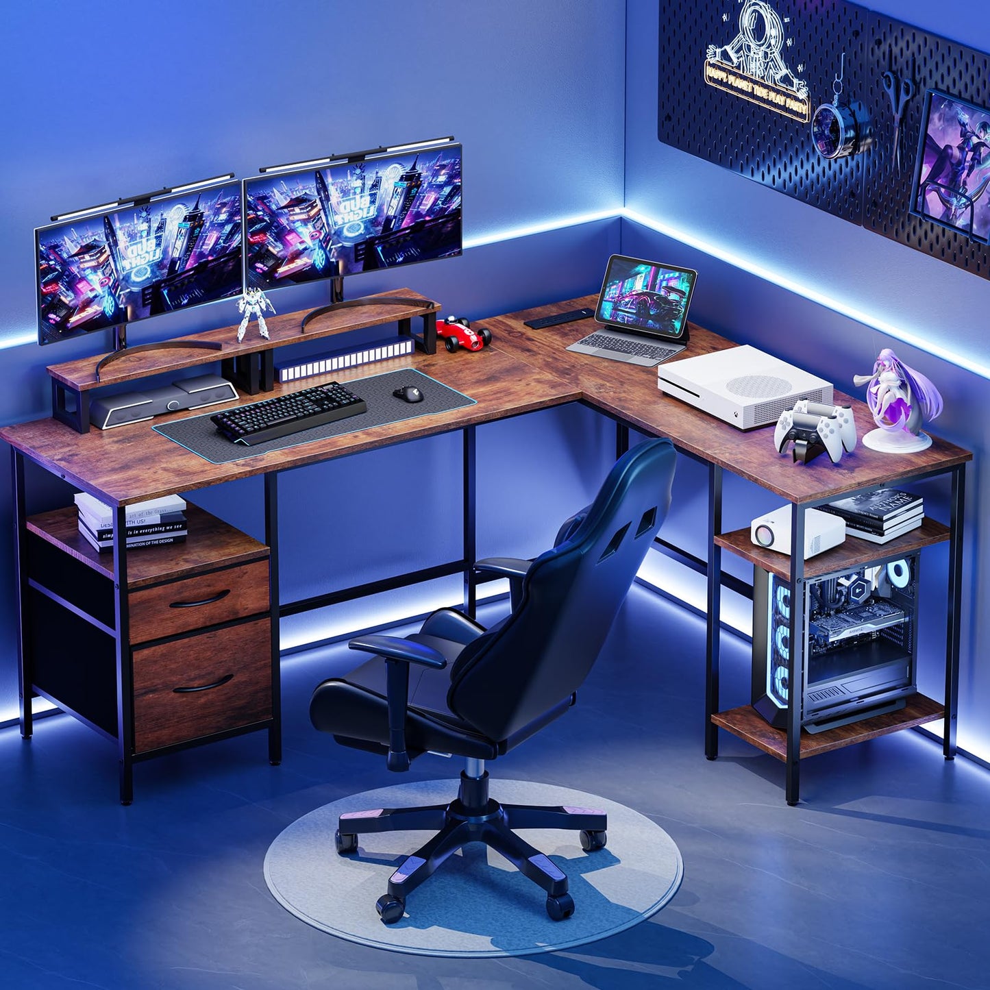 HAPPYMONT L Shaped Gaming Desk with Power Outlet & 2 Monitor Stands, Computer Desk with Drawer & Adjustable Storage Shelves, Large Corner Desk for Home Office, Rust Brown