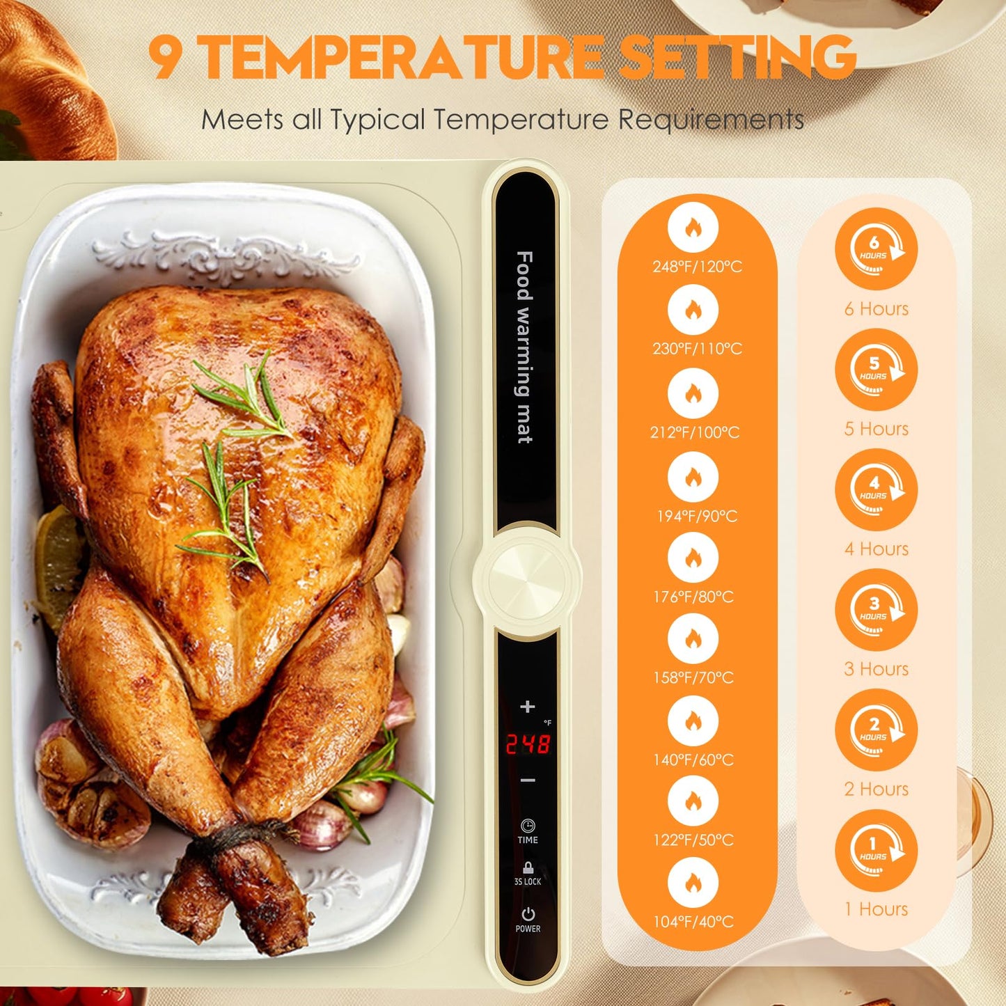 Silicone Warming Mat for Food, Fast Full Surface Heating Electric Warming Tray, 9 Level Temperature Adjustable Warming Kitchen Mat, Roll Up Food Warmer Mat for Countertop, Party, Travel